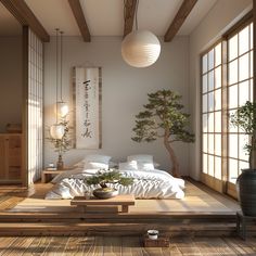 a bed sitting in a bedroom next to a window and a potted plant on top of a wooden table