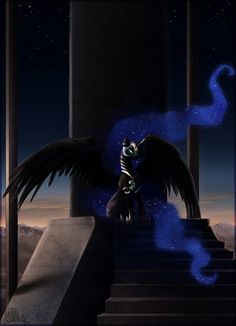 an animated character with black wings standing on some steps at night, looking up into the sky