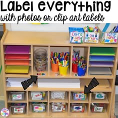 a classroom desk with lots of supplies on it and the words label everything with photos or clip art labels