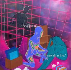 a painting of a person kneeling down in front of boxes and an open laptop computer