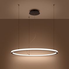 a circular light fixture hanging from the ceiling in a room with brown walls and flooring