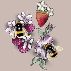 two bees and some flowers on a pink background