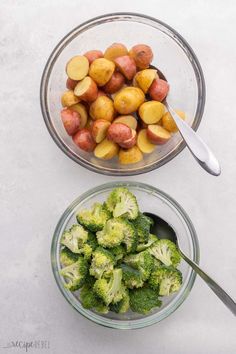 two bowls filled with potatoes and broccoli next to each other on a table