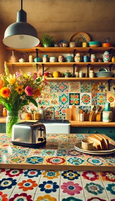 a kitchen with colorful tiles on the counter and shelves filled with dishes, toaster, coffee pot, and flowers