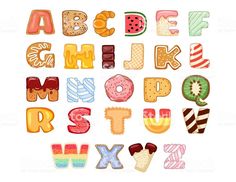 the letters are made up of different types of cookies and donuts on white background