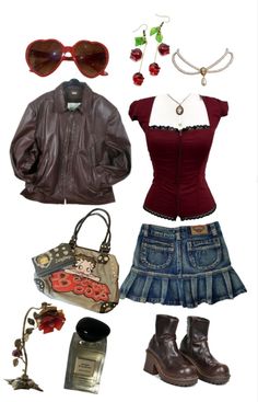 Skirts And Leather Jackets, Style A Leather Jacket Outfit Ideas, Summer Dress With Leather Jacket, Red Miniskirt Outfits, Leather Jacket Outfit Coquette, Cute Outfit Ideas Y2k, Coquette Leather Jacket, Lanacore Outfits, Grunge Valentines Day Outfit