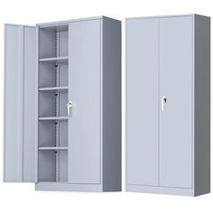 two steel storage cabinets with doors open and closed on both sides, side by side