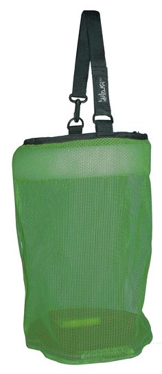 a green mesh bag with black straps on the front and back sides, attached to a white background