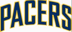 the word pacers in blue and yellow on a white background with an arch over it