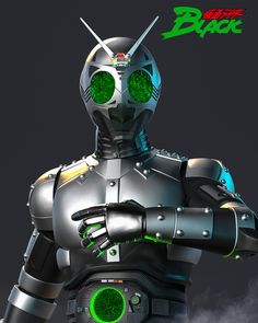 a robot with green eyes pointing at something