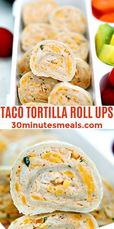 two pictures showing different types of tortilla rolls with cheese and vegetables in the background