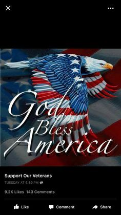 an eagle with the words god, bless america on it's back