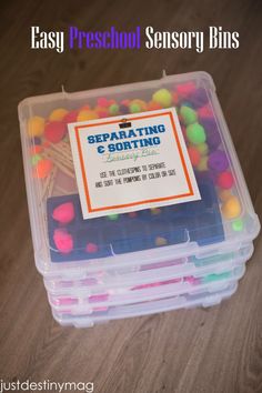 a plastic container filled with lots of colorful beads and writing on the label that says separating & sorting