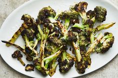 broccoli florets are on a white plate