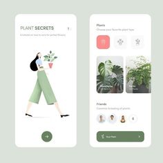 two screens showing plants and people walking in the same direction, one is holding a potted plant