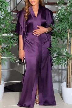 Olivia Mark - Straight Silhouette Vacation Gown with V Neckline Layered Maxi Dress, Purple Long Dress, Vacation Maxi Dress, A Line Maxi Dress, Casual Wear Women, Vacation Dress, 21st Dresses, Rich Purple, Vibrant Purple