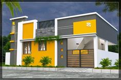 this is an image of a modern house with yellow and gray accents on the front