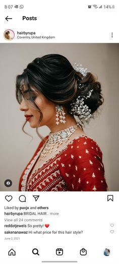 a woman with long hair wearing a red blouse and white flowers in her hair is shown on the instagram page