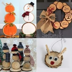 four different pictures with wooden ornaments and decorations