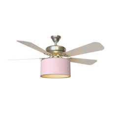 a ceiling fan with a pink shade on it