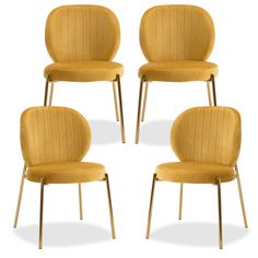 four yellow chairs sitting next to each other