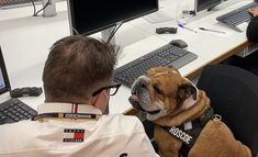 a man sitting at a desk with a dog on his lap and two computer monitors behind him