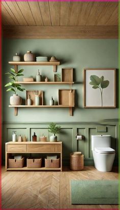 a bathroom with green walls and wooden shelves