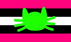 a pink and black striped background with a green cat on the bottom half of it