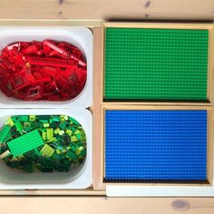 three legos are arranged in different shapes and sizes