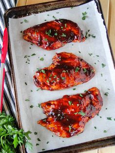 This Oven Roasted BBQ Chicken is an easy way to enjoy sticky, finger licking chicken that turns out tender and juicy every time. Seasoned chicken breasts are roasted, then smothered in BBQ sauce, and baked to perfection. This will be a family favorite recipe, guaranteed! Bbq Chicken Breast, Simple Dinners