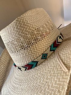 5/8 wide Cream Cross Diamond Hat Band. All bead work is beaded with 10lb extreme braided nylon line. All hat bands are finished at 23” with glued than sewed down leather ends and an adjustable leather tie. Cowboy Hat Bands, Beaded Hat Bands, Bead Loom Designs, Hat Bands, Beaded Hat, Looks Country, Gold Hats, Native Beadwork, Leather Tie