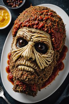 A photo of a  Mummy Meatloaf which is a type of halloween adult dinner ideas Realistic Halloween Cakes, Spooky Halloween Dinner Party, Creepy Halloween Dessert Ideas, Halloween Dinner Recipes Main Dishes, Gruesome Halloween Food, Halloween Indian Food, Halloween Fine Dining, Halloween Meatloaf Ideas, Halloween Deviled Eggs Eyeballs