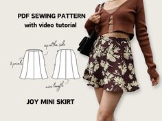 a woman wearing a skirt and sweater with the text,'sewing pattern with video tutor joy mini skirt '