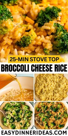 broccoli cheese rice is in a white bowl and then topped with parmesan cheese