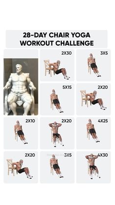 the 25 - day chair yoga workout challenge is shown with instructions for how to do it