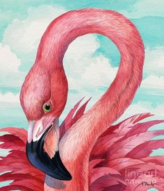 a painting of a pink flamingo with its head turned to the side and it's beak open