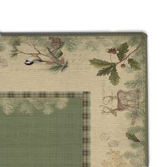 an area rug with birds, leaves and pine cones on the border is shown in light green