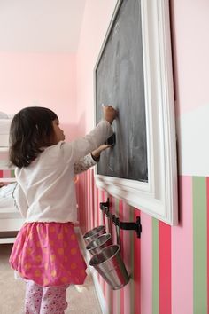 Framed chalkboard tutorial...notice the chalk holders!! So efficient and I have learned through experience with my own toddler very necessary! White Board Wall, Girls Playroom, Toddler Girl Room, Framed Chalkboard, Board Wall, Toddler Rooms, Princess Room, Ideas Hogar, Toy Room