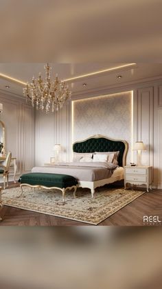 a bedroom with a chandelier hanging from the ceiling next to a bed and desk