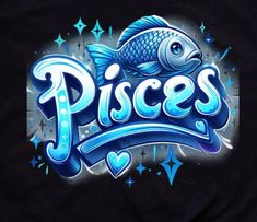 the pisces logo on a black t - shirt with blue water and stars