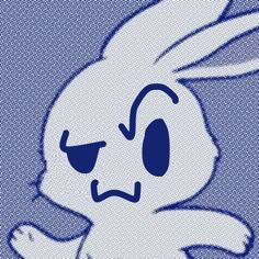 a blue and white image of a cartoon bunny with big ears, eyes wide open