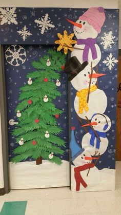 a snowman and two children standing next to a christmas tree in front of a door