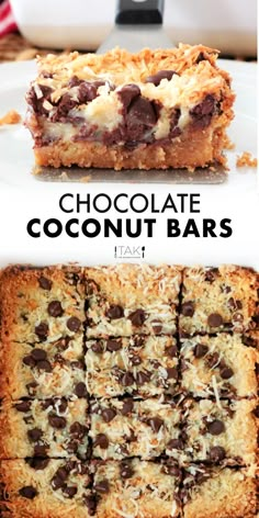 chocolate coconut bars are stacked on top of each other with the words, chocolate coconut bars