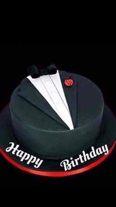 a black hat with white and red ribbon around it that says happy birthday on the side