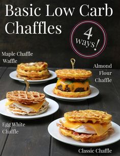 three plates with sandwiches on them and the title below it reads basic low carb chaffles