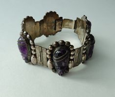 "Vintage hand-crafted Sterling Silver 925 panel bracelet with carved amethyst Aztec face mask.  Bracelet measures 6.5\" Bracelet has secure clasp" Store Inspiration, Arm Bracelet, Three Necklaces, Vintage Jewelry Crafts, Dope Jewelry, Funky Jewelry, Shiny Things, Metal Work, Fashion Pieces