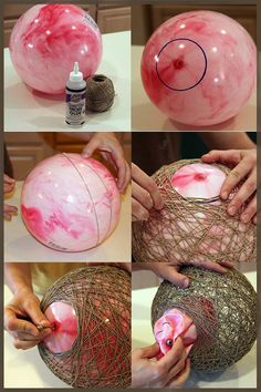 the process of making a vase out of yarn and plastic balls is shown in multiple pictures