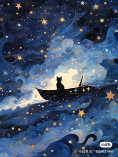 a cat sitting on top of a boat floating in the ocean with stars around it