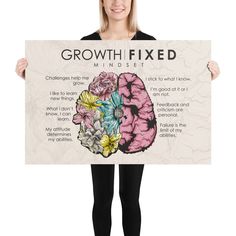 a woman holding up a poster with the words growth fixed and an image of a brain