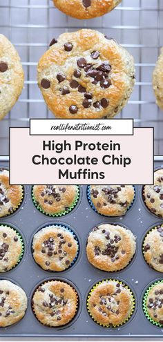 high protein chocolate chip muffins on a cooling rack with text overlay that reads high protein chocolate chip muffins